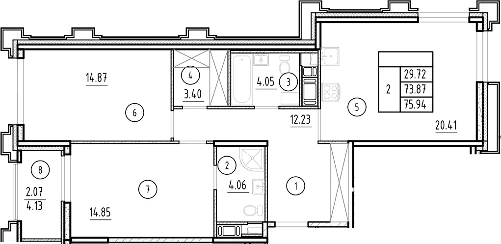 Планировка: Евротрёшка 73,9 м² в ЖК «Ассамблея»