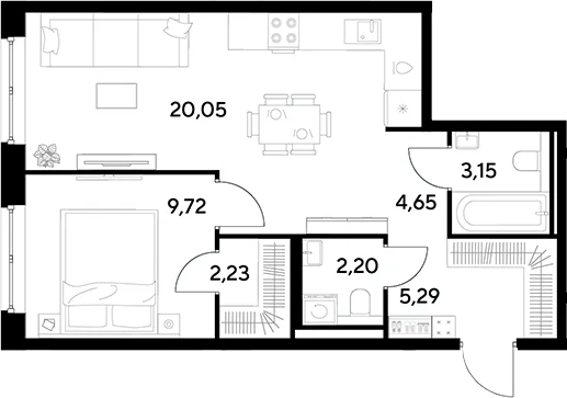 Планировка: Евродвушка 47,3 м² в ЖК «Космопарк»