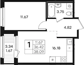 Планировка: Евродвушка 36,4 м² в ЖК «Парголово»
