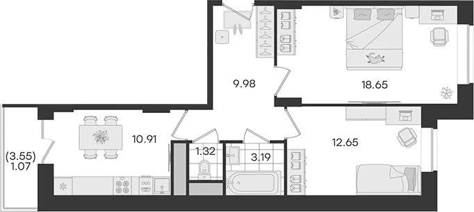 Планировка: 2-комнатная квартира 56,7 м² в ЖК «Новый Весенний»