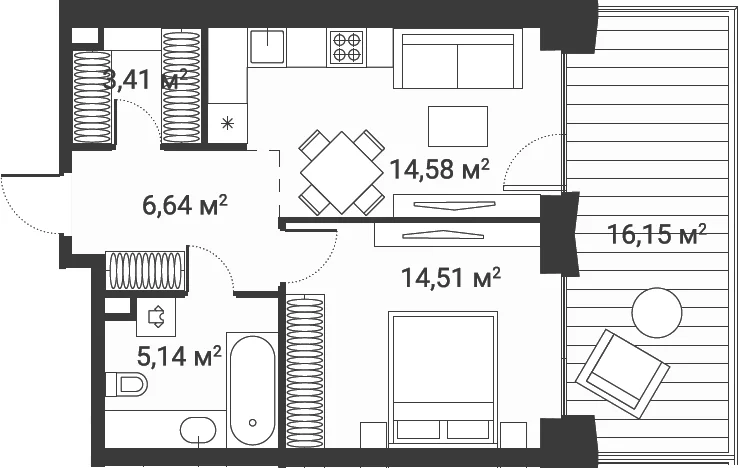 Планировка: 1-комнатная квартира 43,9 м² в ЖК «Первый Нагатинский»