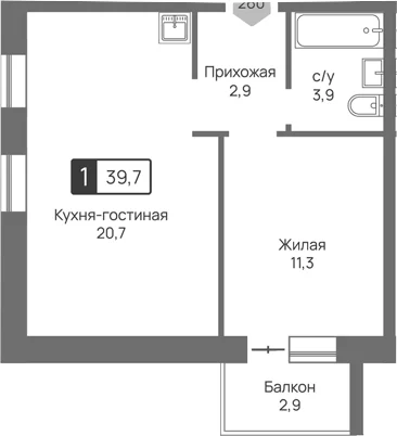 Планировка: Евродвушка 38,8 м² в ЖК «Отрада 3»