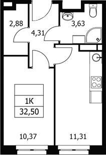 Планировка: 1-комнатная квартира 32,5 м² в ЖК «Волковская 67»