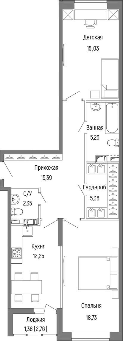 Планировка: 2-комнатная квартира 73,3 м² в ЖК «Рига Хиллс»