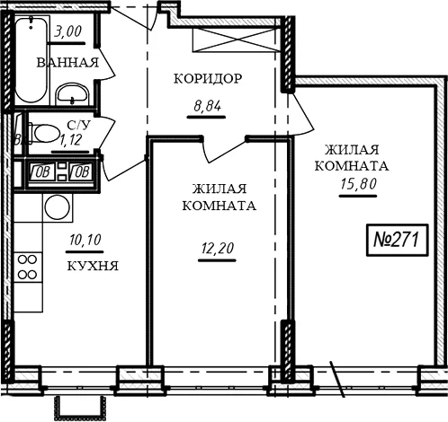 Планировка: 2-комнатная квартира 51,1 м² в ЖК «Краснофлотский»