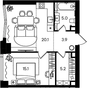 Планировка: Евродвушка 49,3 м² в ЖК «СТОУН Блик»