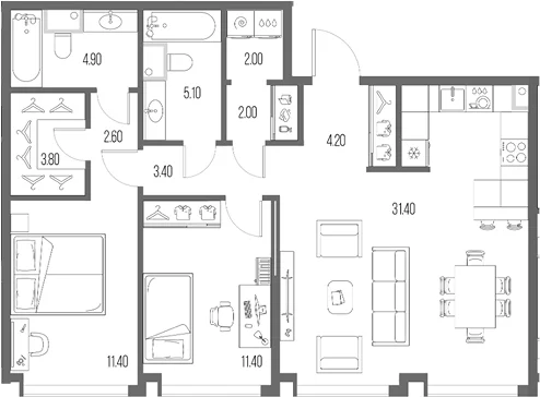 Планировка: 2-комнатная квартира 82,2 м² в ЖК «Северный Порт»
