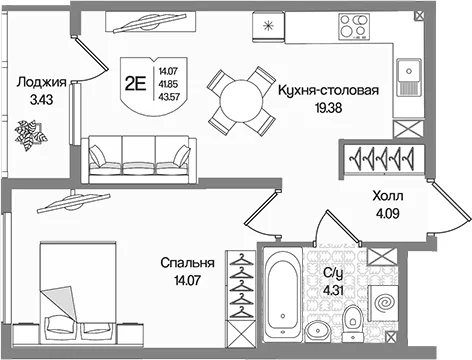 Планировка: Евродвушка 41,9 м² в ЖК «Охтинские высоты»