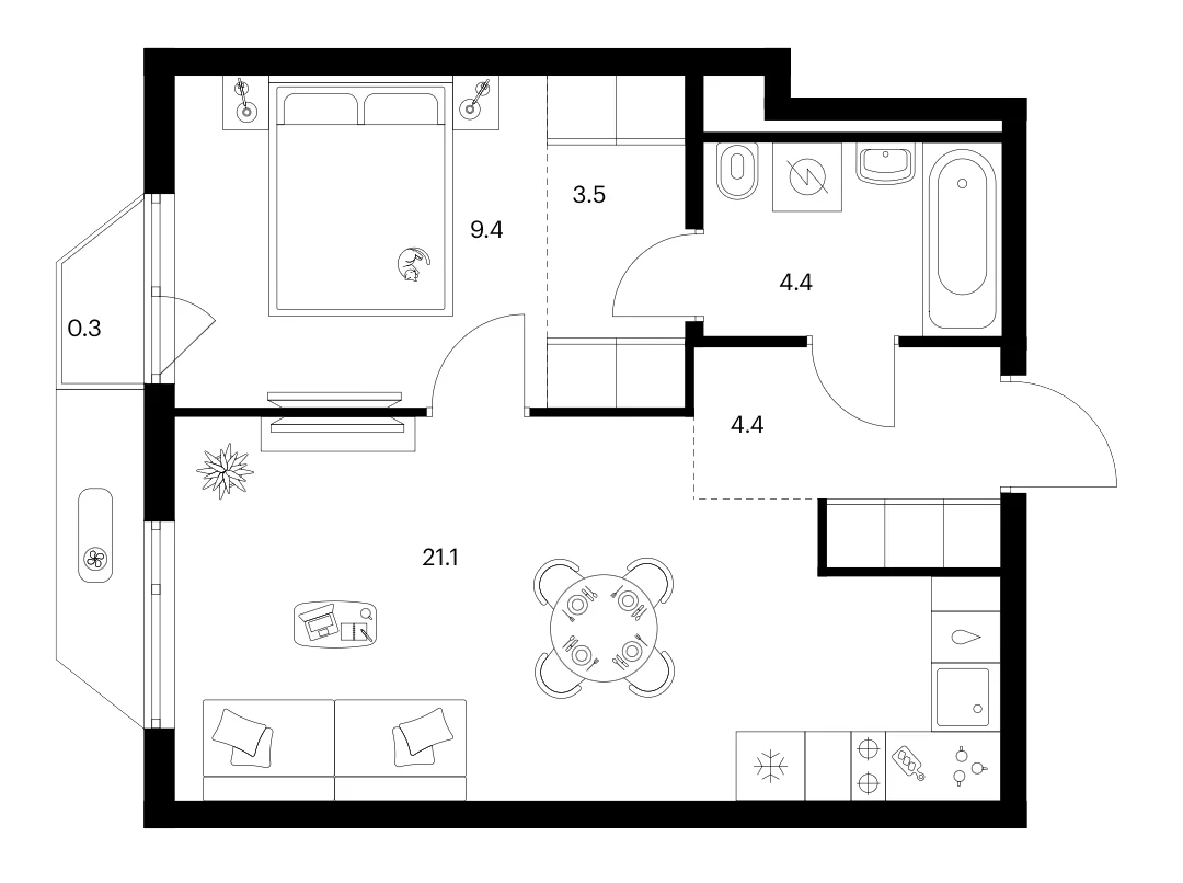 Планировка: 1-комнатная квартира 42,8 м² в ЖК «Зеленый парк»
