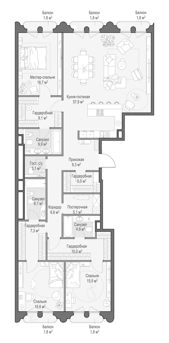 Планировка: Квартира евро-4 186,2 м² в ЖК «Клубный квартал Фрунзенский»