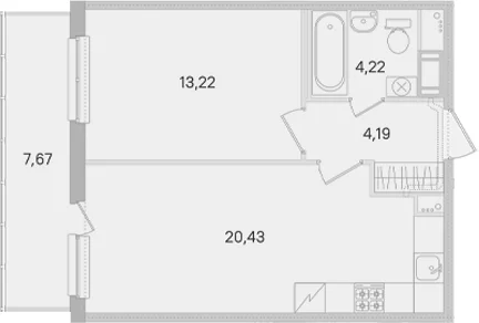 Планировка: Евродвушка 42,1 м² в ЖК «Ясно.Янино»