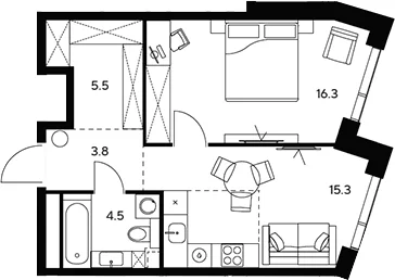 Планировка: 1-комнатная квартира 45,4 м² в ЖК «НЕКСУС от Аквилон»