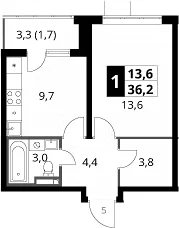 Планировка: 1-комнатная квартира 34,5 м² в ЖК «1-й Донской»