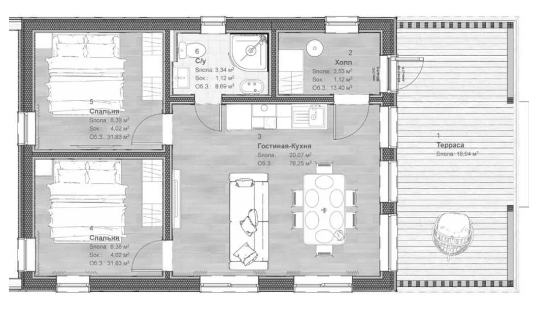 Планировка: Коттедж 56,1 м² в ЖК «Коттеджный поселок Мечта на Риге»