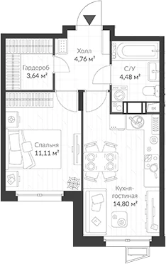 Планировка: 1-комнатная квартира 38,8 м² в ЖК «ВЕРЕН НОРТ Cертолово»