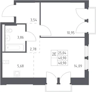 Планировка: Евродвушка 40,9 м² в ЖК «Космический Квартал»