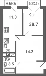 Планировка: 1-комнатная квартира 38,1 м² в ЖК «Южная Долина»