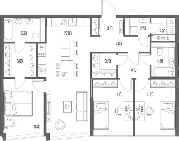 Планировка: 3-комнатная квартира 97,3 м² в ЖК «Северный Порт»