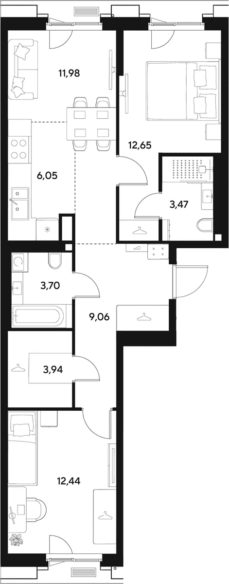 Планировка: Евротрёшка 63,3 м² в ЖК «ЭВО»