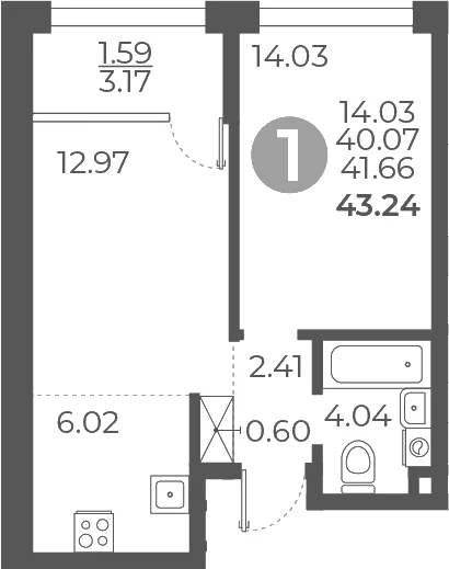 Планировка: 1-комнатная квартира 40,1 м² в ЖК «Мневники от Гранель»