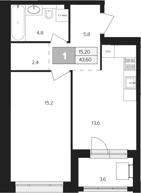 Планировка: 1-комнатная квартира 41,8 м² в ЖК «Ласточкино»