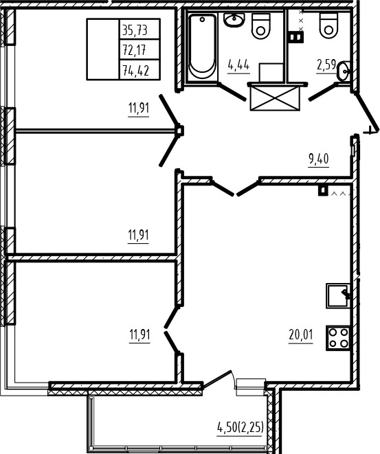 Планировка: Квартира евро-4 72,2 м² в ЖК «Новая история»