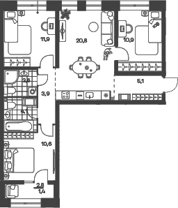 Планировка: Квартира евро-4 70,7 м² в ЖК «Новый Питер»