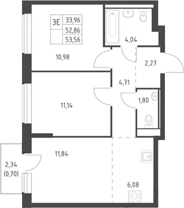 Планировка: Евротрёшка 52,9 м² в ЖК «Горки Парк»
