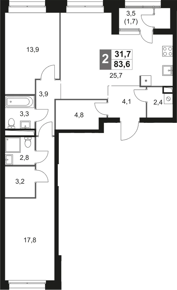 Планировка: Евротрёшка 81,9 м² в ЖК «Скай Гарден»