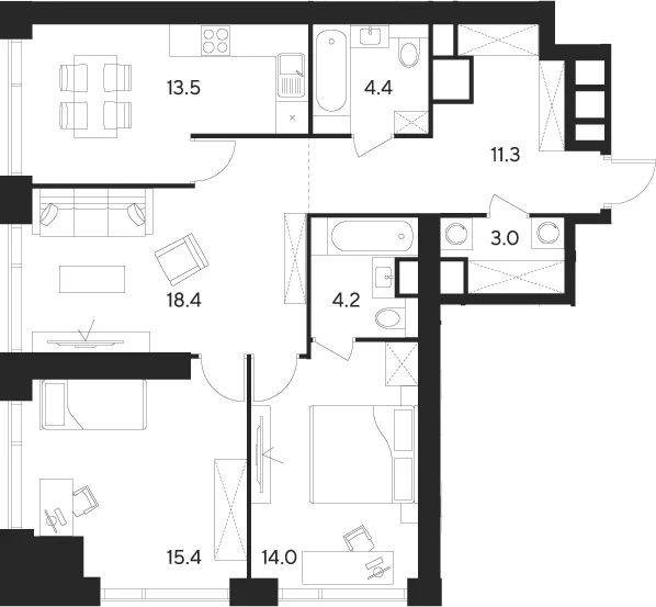 Планировка: 3-комнатная квартира 84,2 м² в ЖК «Инди Тауэрз от Аквилон»