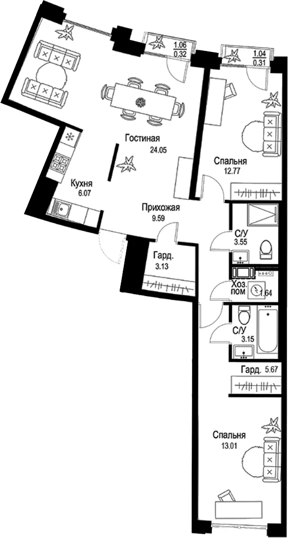 Планировка: 3-комнатная квартира 82,6 м² в ЖК «ID Petrogradskaya»