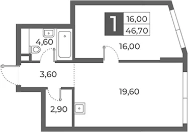 Планировка: 1-комнатная квартира 46,7 м² в ЖК «Даниловский от Гранель»