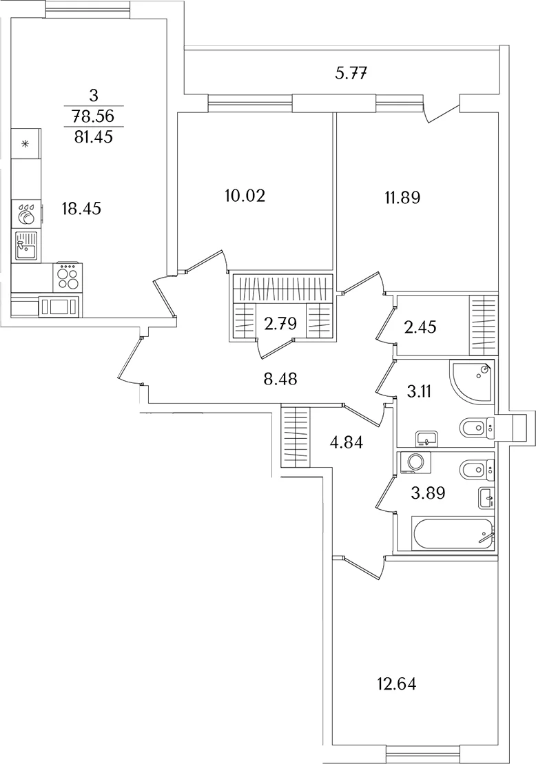 Планировка: Квартира евро-4 78,6 м² в ЖК «Кинопарк»