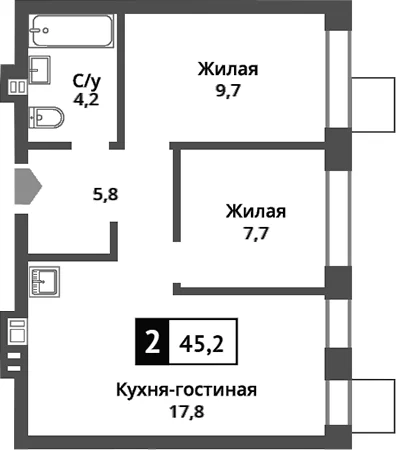 Планировка: Евротрёшка 45,2 м² в ЖК «Никольский квартал Отрада»