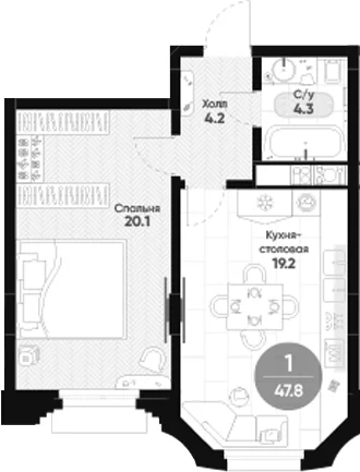 Планировка: 1-комнатная квартира 47,8 м² в ЖК «Мариинка Делюкс»