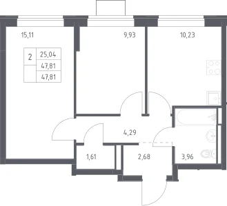 Планировка: 2-комнатная квартира 47,8 м² в ЖК «Богдановский лес»
