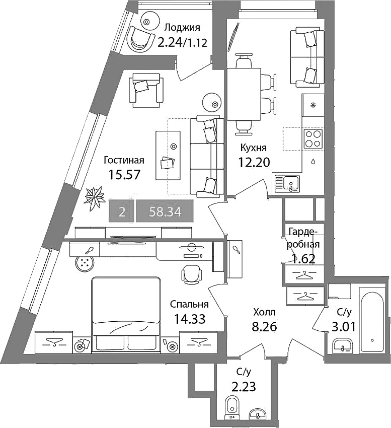 Планировка: 2-комнатная квартира 57,2 м² в ЖК «Планерный квартал»