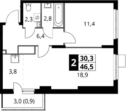 Планировка: Евродвушка 45,6 м² в ЖК «1-й Донской»