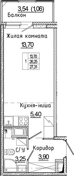 Планировка: Студия 26,3 м² в ЖК «Аквилон Янино»