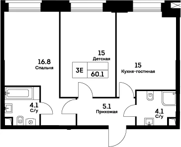 Планировка: Евротрёшка 60,1 м² в ЖК «ЭВЕР»