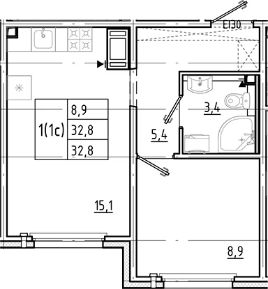 Планировка: Евродвушка 32,8 м² в ЖК «Цветной город»