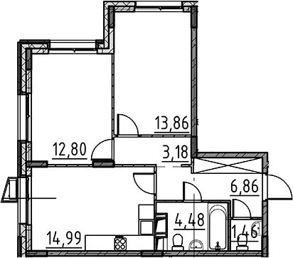 Планировка: 2-комнатная квартира 57,6 м² в ЖК «ВЕРЕН НОРТ Cертолово»