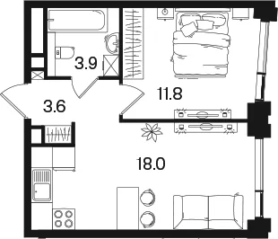 Планировка: Евродвушка 37,3 м² в ЖК «РАКУРС»