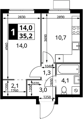 Планировка: 1-комнатная квартира 35,2 м² в ЖК «1-й Измайловский»