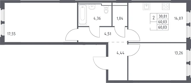 Планировка: 2-комнатная квартира 60 м² в ЖК «Космический Квартал»