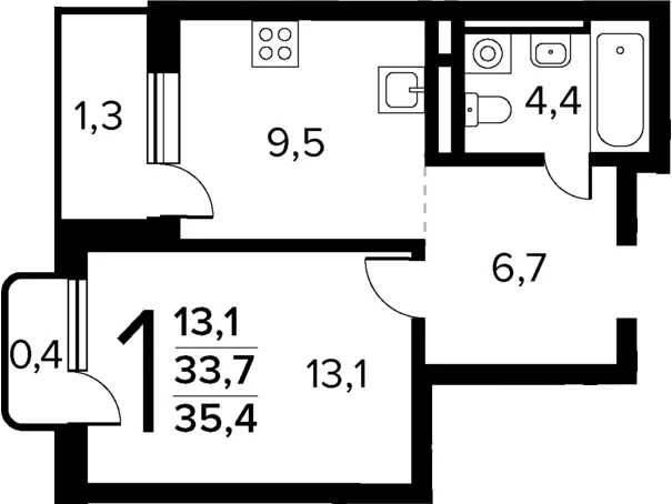 Планировка: 1-комнатная квартира 33,7 м² в ЖК «Новые Ватутинки Квартал у реки»