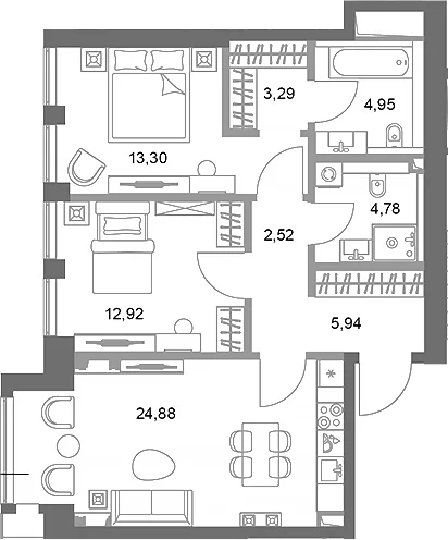 Планировка: 2-комнатная квартира 72,6 м² в ЖК «ФАЙВ ТАУЭРС»