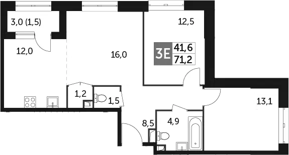 Планировка: Евротрёшка 69,7 м² в ЖК «Режиссер»