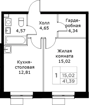 Планировка: 1-комнатная квартира 41,4 м² в ЖК «КИТ»