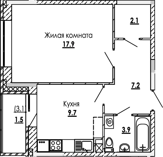 Планировка: 1-комнатная квартира 40,8 м² в ЖК «Малиново»